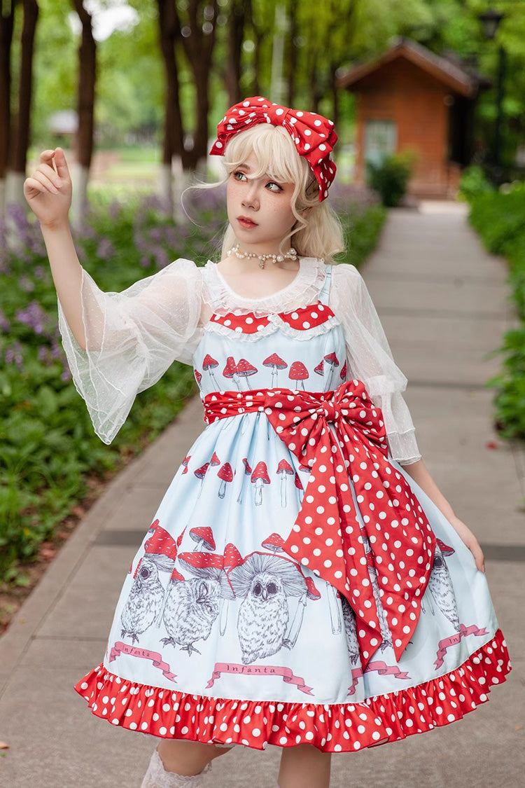 Cat Head Mushroom Print Ruffle Bowknot Sweet Lolita Dress 2 Colors - Blue/Red - 1