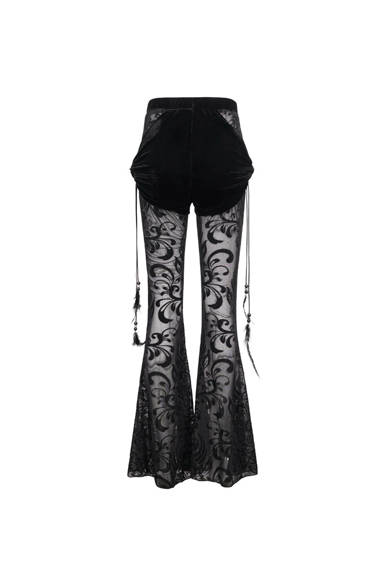 Black Flocking Mesh Side Hanging Feather Pendant Fake Two-Piece Long Women's Gothic Flared Pants - Product - 8