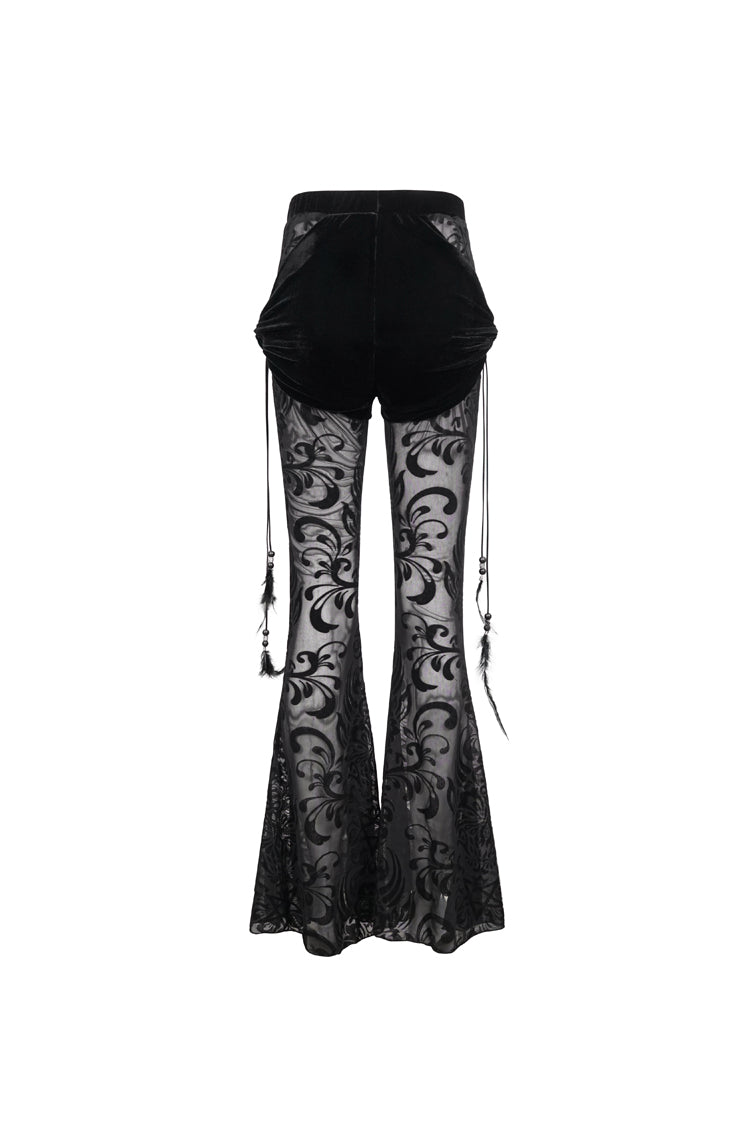 Black Flocking Mesh Side Hanging Feather Pendant Fake Two-Piece Long Women's Gothic Flared Pants - Product - 8