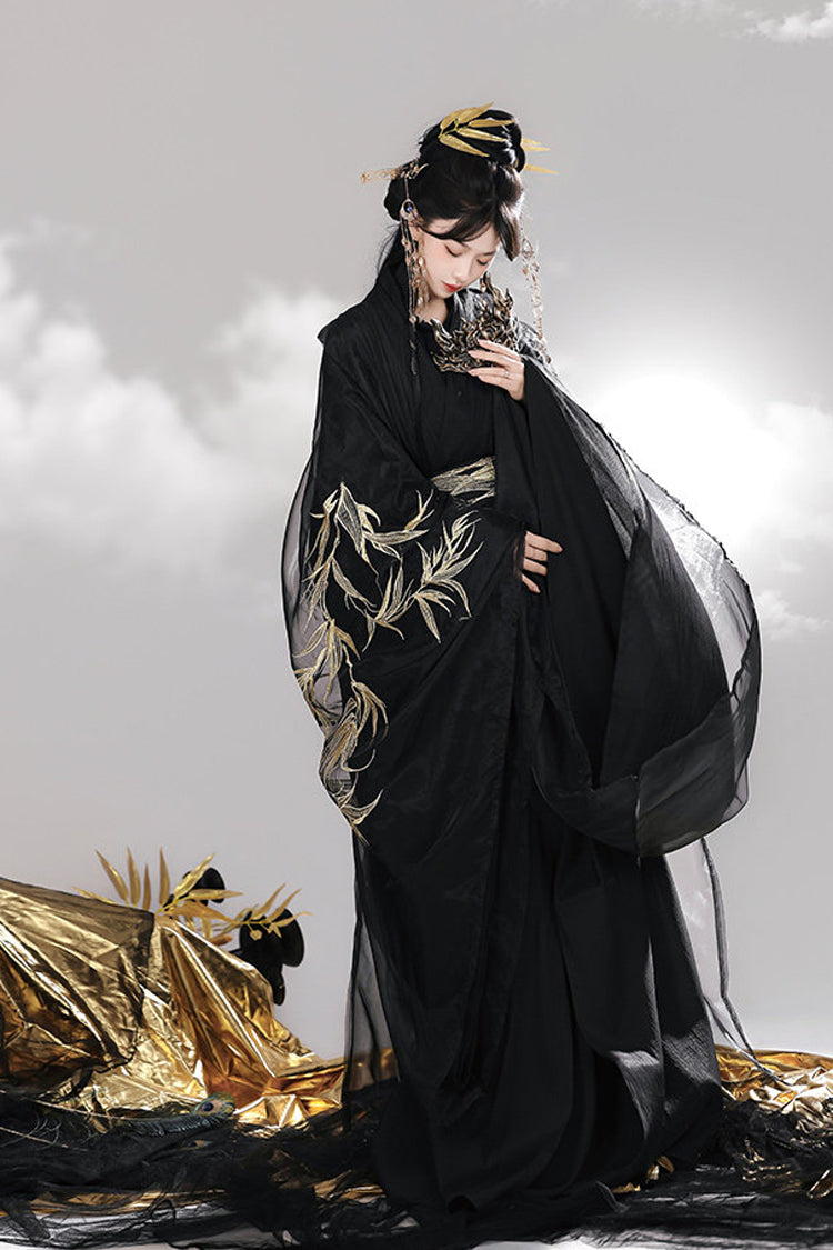 Black [Bamboo Leaves] V Collar Trumpet Sleeves High Waisted Embroidered Women's Classic Hanfu Dress Set - Product - 5