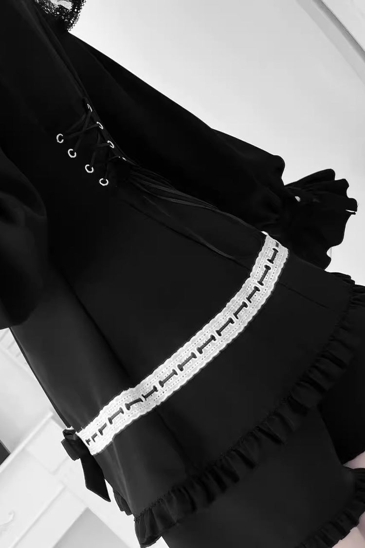 Black Long Sleeves Ruffled Bow Gothic Jirai Kei Dress Shorts - Product - 6