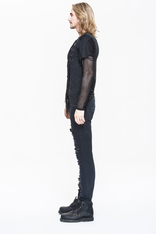 ブラック ニット ダイヤモンド メッシュ メンズ パンク T シャツ リボン付き 商品画像