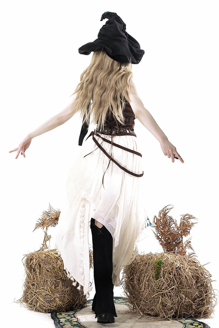 Brown/White [Dune Shadow Seeker] Sleeveless Ruffled Embroidered Irregular Vintage Lolita Skirt Set - Product - 5