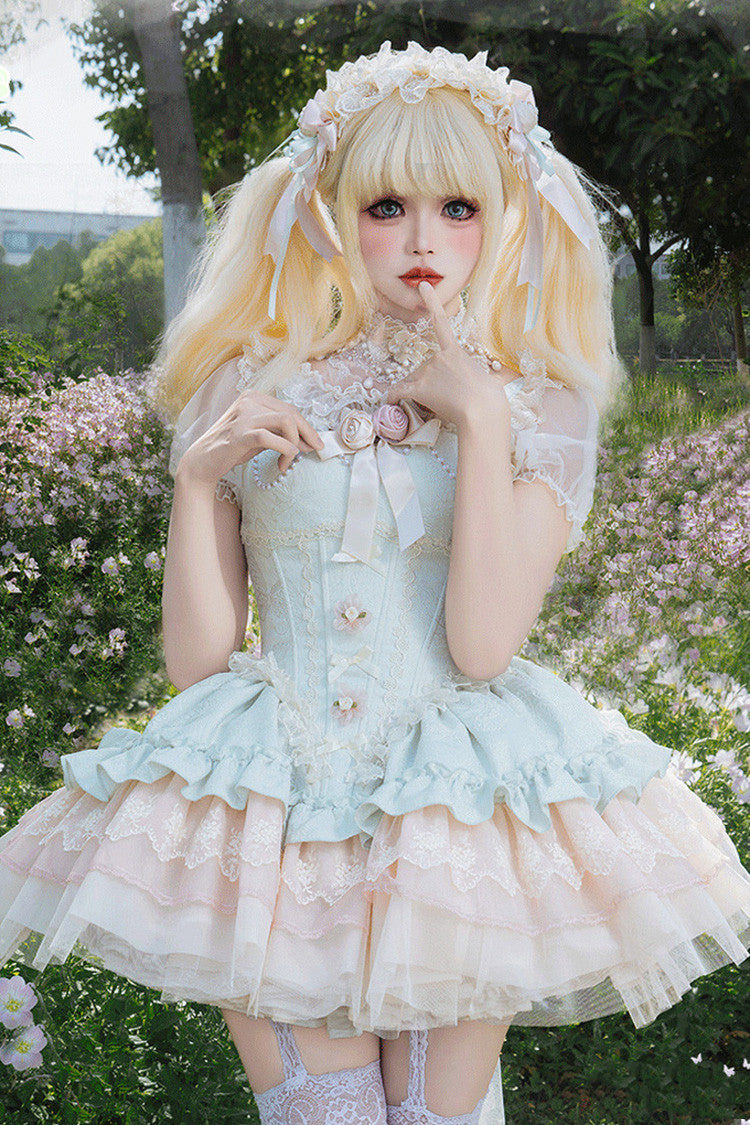 Green Sleeveless Multi-Layered Ruffle Bowknot Lace Lace-Up Sweet Princess Lolita Jsk Dress - Green - 1
