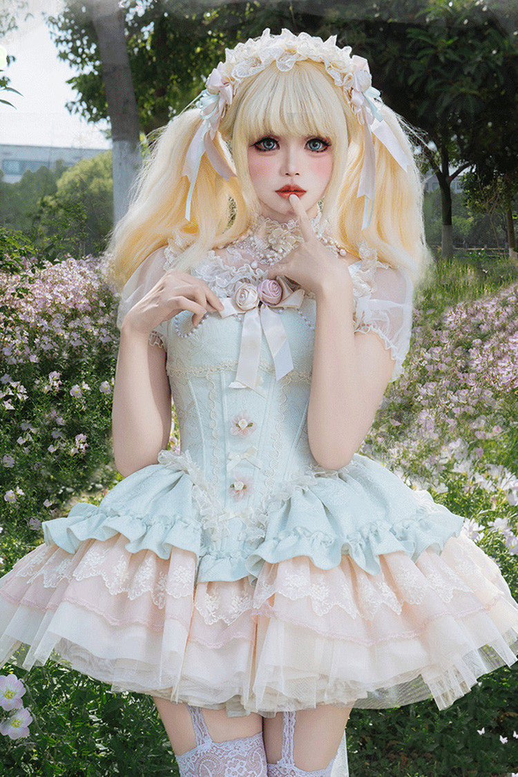 Green Sleeveless Multi-Layered Ruffle Bowknot Lace Lace-Up Sweet Princess Lolita Jsk Dress - Green - 1