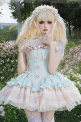 Green Sleeveless Multi-Layered Ruffle Bowknot Lace Lace-Up Sweet Princess Lolita Jsk Dress - Green - 1