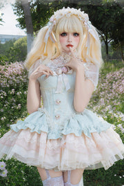 Green Sleeveless Multi-Layered Ruffle Bowknot Lace Lace-Up Sweet Princess (Dress Only) front view