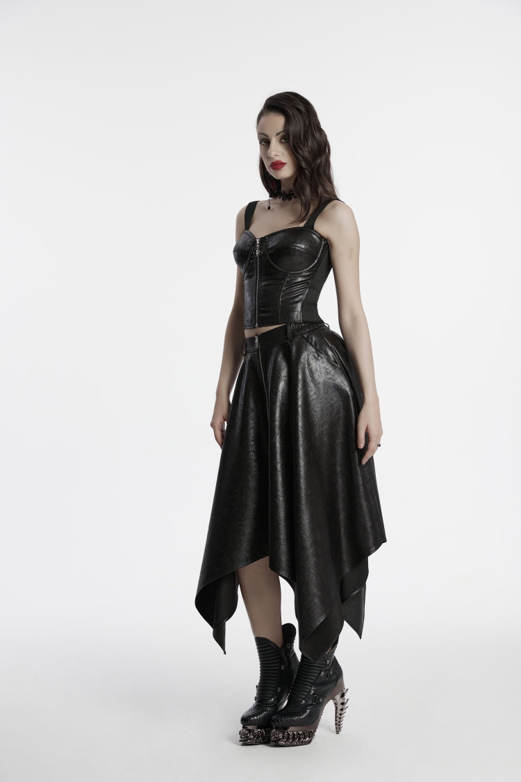 Black Irregular Zippered Women's Punk Cool Faux Leather Skirt - Product - 2