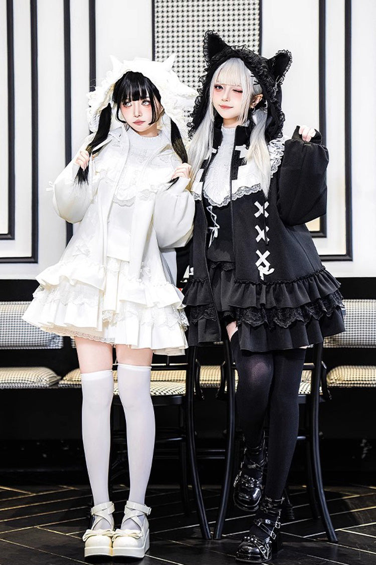White Long Sleeves Ruffle Zipper Sweet Handsome Lolita Sweatshirt Coat - Product - 6