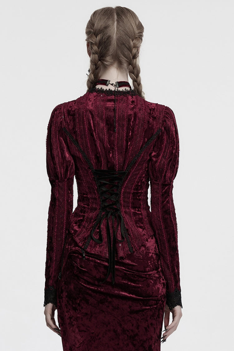 Red V Collar Long Puff Sleeves Women's Gothic Blouse - Product - 3