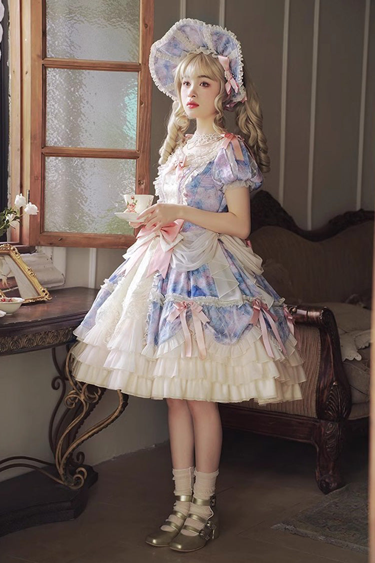 [Angel Heart Sky Oil Painting] Print Ruffle Cardigan Bowknot Sweet Princess Lolita Dress 3 Colors - Product - 4