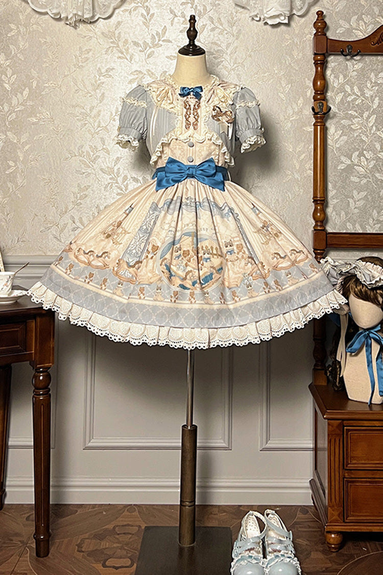 Sea Salt Fairy Tale Doll Short Sleeves Print Ruffle Bowknot Sweet Lolita Dress 2 Colors - Blue - 5