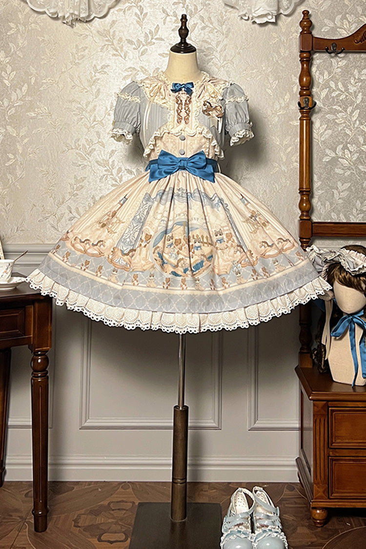 Sea Salt Fairy Tale Doll Short Sleeves Print Ruffle Bowknot Sweet Lolita Dress 2 Colors - Blue - 5