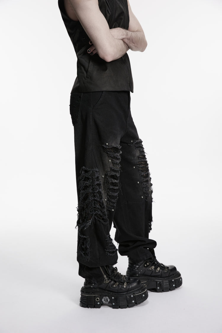 Black Irregular Mesh Ripped Studded Zippered Eyelet Men's Punk Handsome Cool Pants - Product - 9