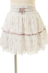 Ivory Off Shoulder Long Sleeves Floral Print Ruffle Bowknot Lace-Up Sweet Jirai Kei Japanese Skirt Set - Product - 2