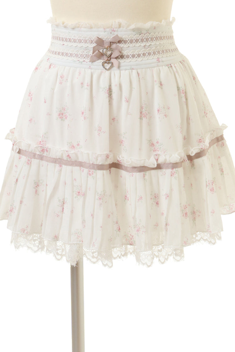Ivory Off Shoulder Long Sleeves Floral Print Ruffle Bowknot Lace-Up Sweet Jirai Kei Japanese Skirt Set - Product - 2