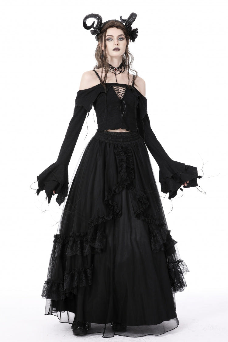 Black Off Shoulder Long Trumpet Sleeves Lace-Up Women's Gothic Sexy Crop Top - Product - 7