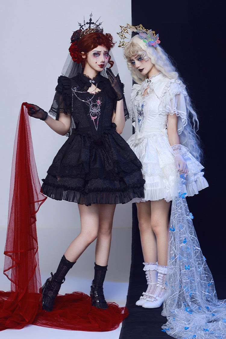 Black Sleeveless Spider Embroidery Bowknot Lace Gothic Princess Lolita Skirt Two-piece Set - Product - 6