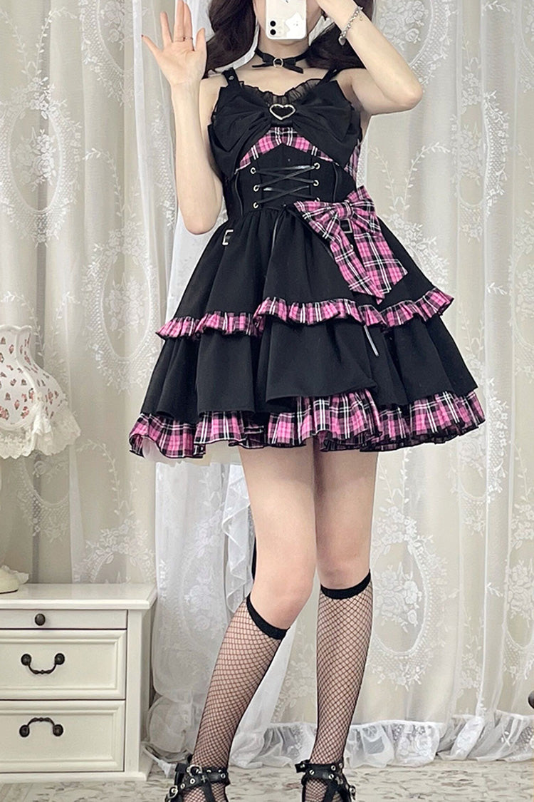 Black/Pink Plaid Print Color Contrast Leather Buckle Bowknot Ruffle Gothic Lolita JSK Dress - Black/Pink - 1
