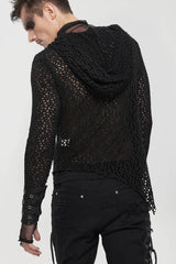 Black Punk Long Sleeve Elasticity Big Hole Mesh Drawstring Design Irregular Hooded Men's Shirt - Product - 4