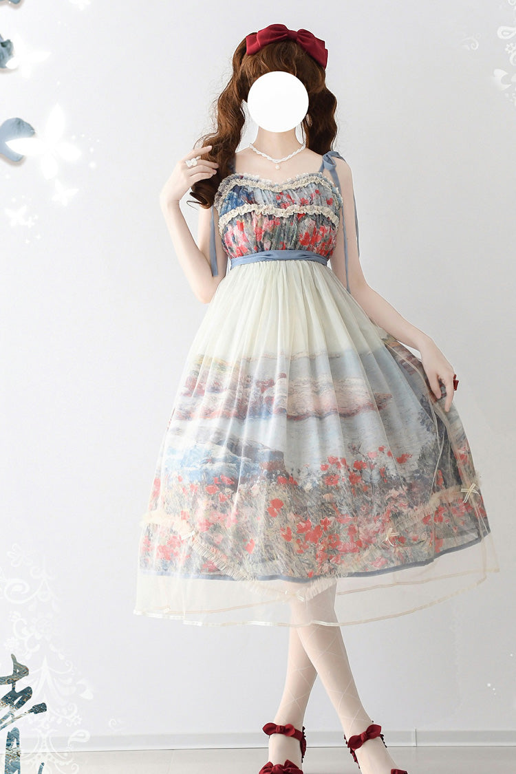 Multi-Color [Oil Painting – Island Garden] Sleeveless Print Ruffle Bowknot Lace Sweet Lolita Jsk Dress - Product - 2