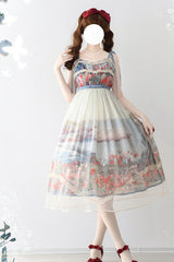 Multi-Color [Oil Painting – Island Garden] Sleeveless Print Ruffle Bowknot Lace Sweet Lolita Jsk Dress - Product - 2