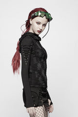 Black Long Sleeves Slim Hooded Ripped Women's Steampunk T-Shirt - Product - 2