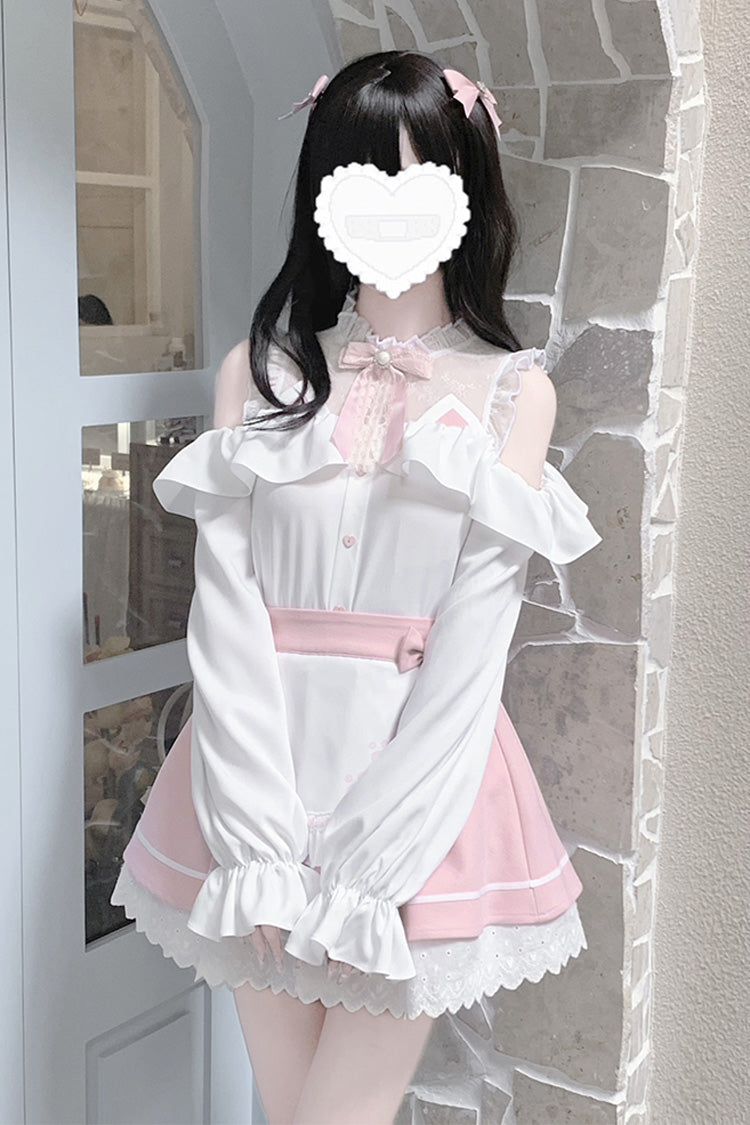 White/Pink Off Shoulder Long Sleeves Ruffle Bowknot Lace Sweet Jirai Kei Skirt - White/Pink - 1