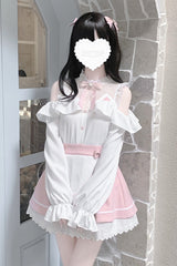 White/Pink Off Shoulder Long Sleeves Ruffle Bowknot Lace Sweet Jirai Kei Skirt - White/Pink - 1