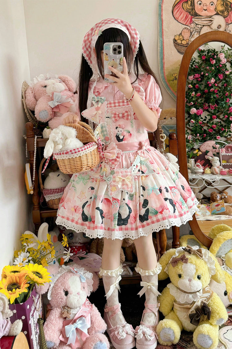 Panda Peach Print Bowknot Sweet Lolita Strap Dress 3 Colors - Product - 14