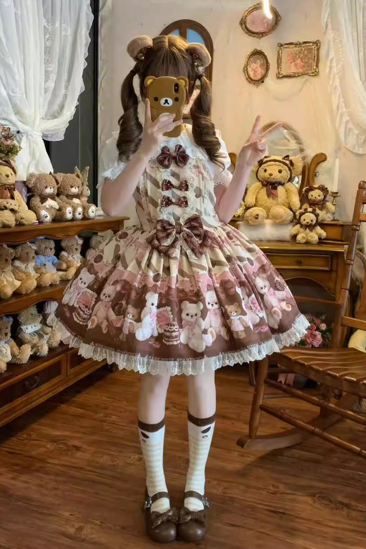 [Chocolate Brownie] Sleeveless Printed Ruffled Bow Lace Sweet Lolita Strap Dress 2 Colors - Product - 5
