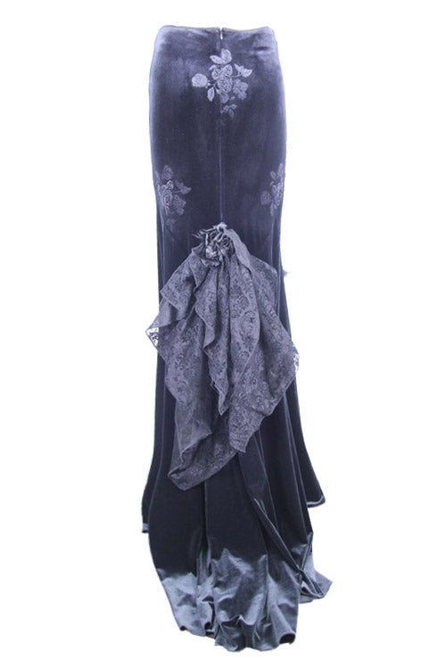 Black Rose Embossed Gothic Velvet Long Womens Half Fishtail Skirt - Product - 6