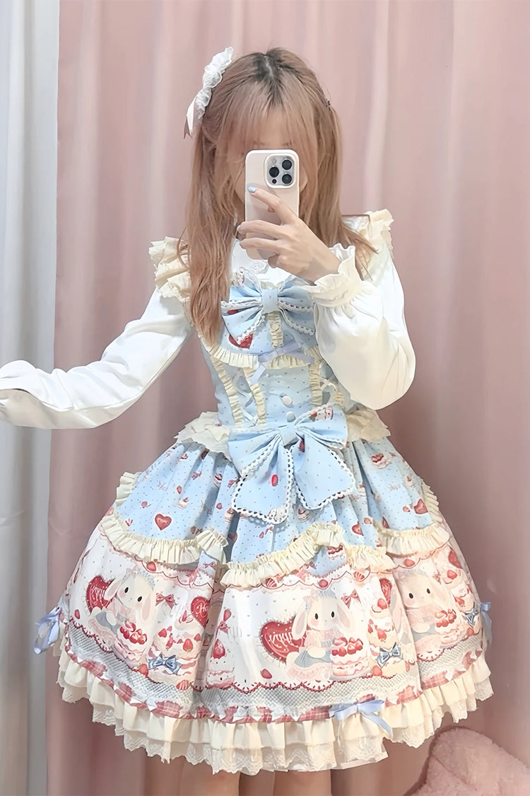 Blue [Sweet Bunny Party] Square Collar Sleeveless Printed Ruffled Bow Sweet Lolita Jsk Dress Set - Blue(Short-Sleeves-Set) - 5