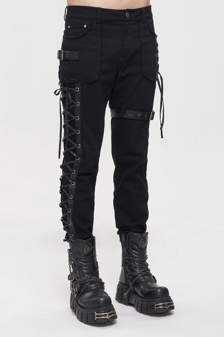 Black Metal Decorative Lace Up Leg Loops Long Men's Punk Pants - Product - 2