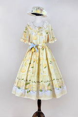 Yellow [Lemon Chicken] Short Sleeves Print Ruffle Bowknot Lace Daily Sweet Lolita Dress - Product - 3