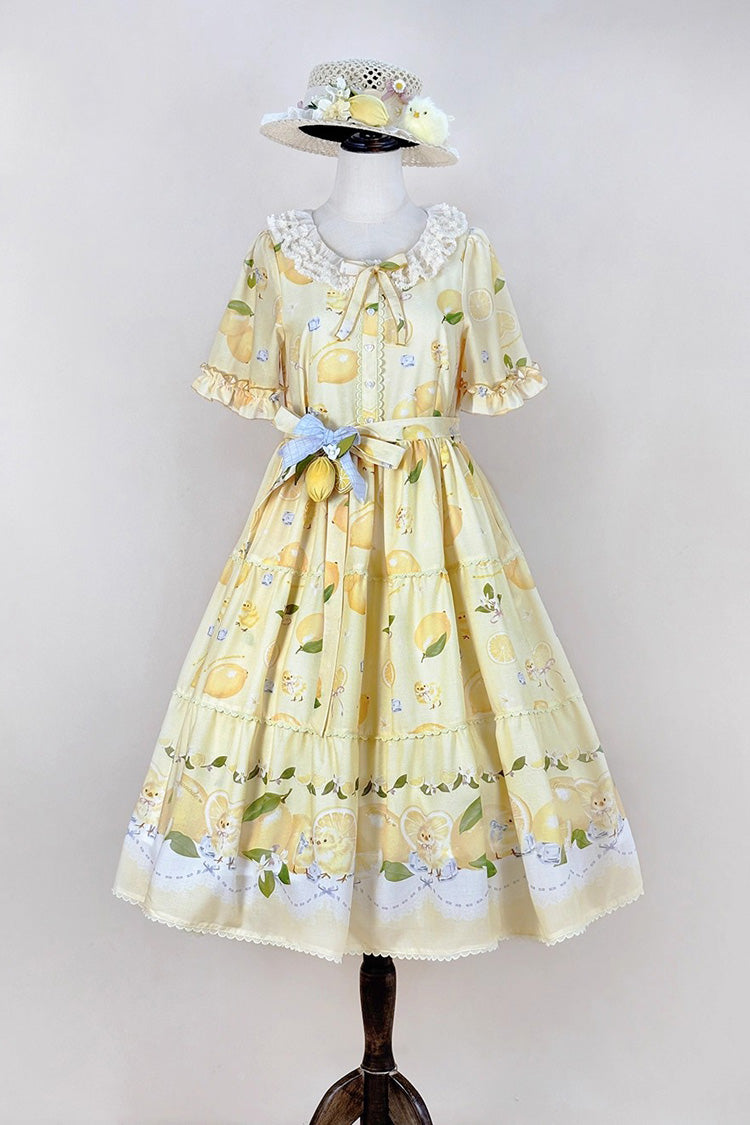 Yellow [Lemon Chicken] Short Sleeves Print Ruffle Bowknot Lace Daily Sweet Lolita Dress - Product - 3