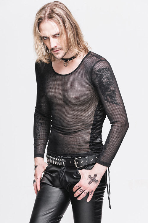 Black Diamond Shaped Mesh Round Neck Long Sleeves Mens Punk T-Shirt - Product - 2