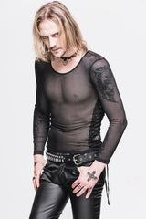 Black Diamond Shaped Mesh Round Neck Long Sleeves Mens Punk T-Shirt - Product - 2