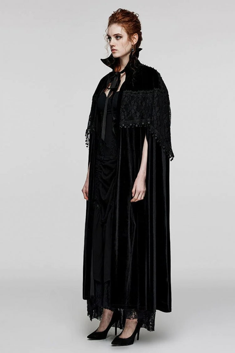 Black Bat Stand Collar Stitching Lace Nails Decorated Womens Gothic Cloak - Product - 2