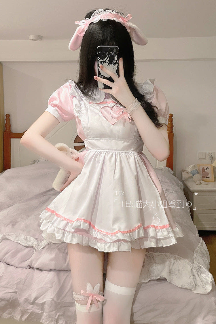 Sweetheart Rabbit Maid Short Sleeves Ruffle Hollow Plus Size Sweet Lolita Dress 2 Colors - Pink - 1