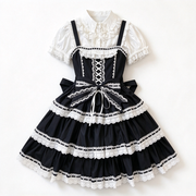 Black White Lace Tiered Lolita Jumper Dress with Blouse