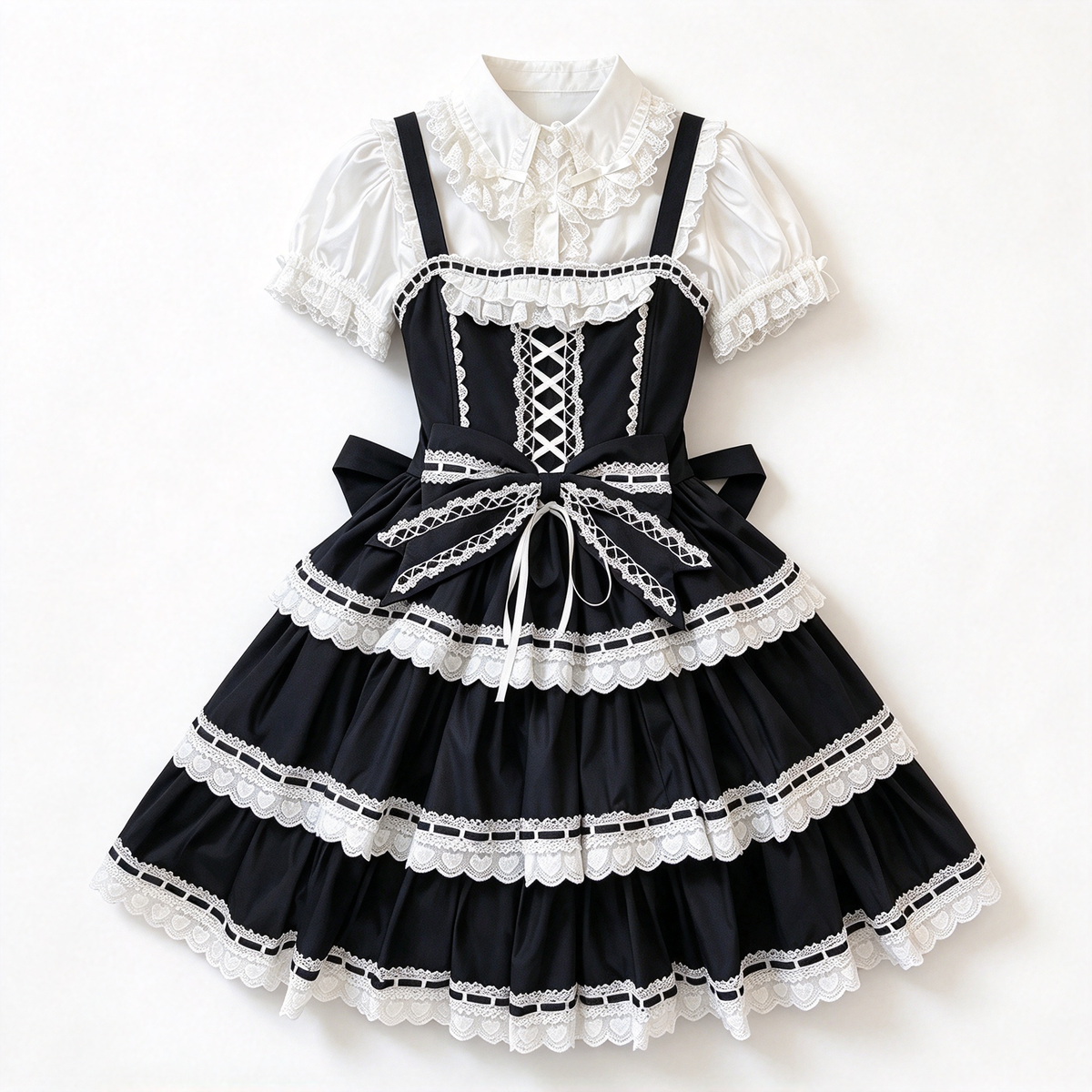 Black White Lace Tiered Lolita Jumper Dress with Blouse
