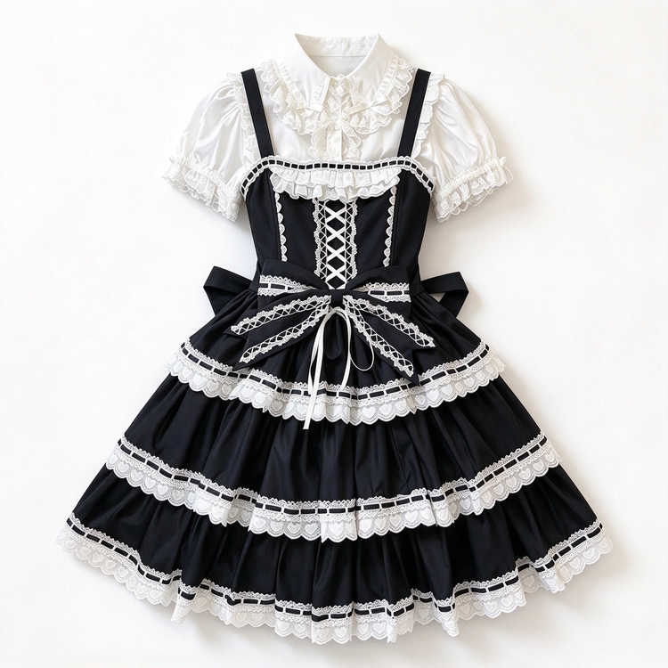 Black White Lace Tiered Lolita Jumper Dress with Blouse