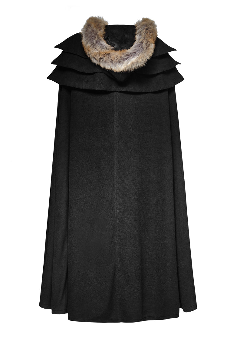 Black Hooded Fur Collar Wool Long Mens Gothic Coat Cloak - Product - 8