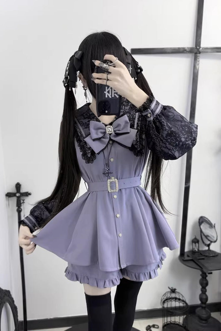 [Confession Fantasy] Lapel Collar Long Sleeves Printed Ruffled Bow Jirai Kei Japanese Dress Shorts 4 Colors - Grey/Purple - 4