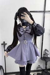 [Confession Fantasy] Lapel Collar Long Sleeves Printed Ruffled Bow Jirai Kei Japanese Dress Shorts 4 Colors - Grey/Purple - 4