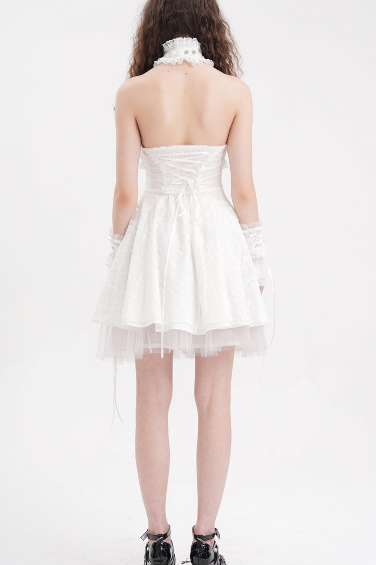 White Cross Halterneck Sleeveless Ruffle Lace Women's Gothic Dress - Product - 7