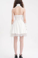 White Cross Halterneck Sleeveless Ruffle Lace Women's Gothic Dress - Product - 7