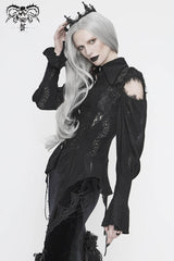 Black Front Chest Webbing Appliques Hollow-Out Lantern Sleeve Flare Cuff Back Waist Lace Up Women's Gothic Blouse - Product - 2