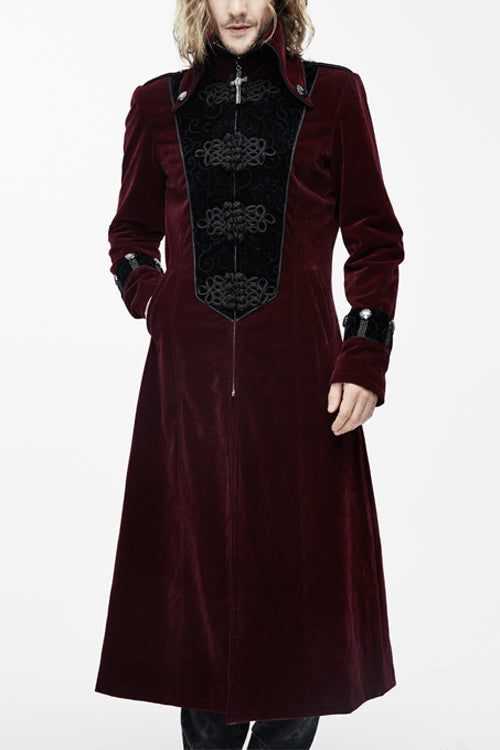 Gothic Wine Western Fashion Patchwork Plum Patterned Velveteen Mens Coat - Wine - 1